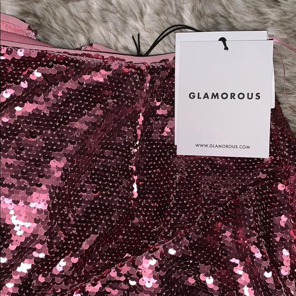 GLAMOROUS Metallic Rose Gold Sequin Peplum Pink Mini Skirt - Picture 4 of 10